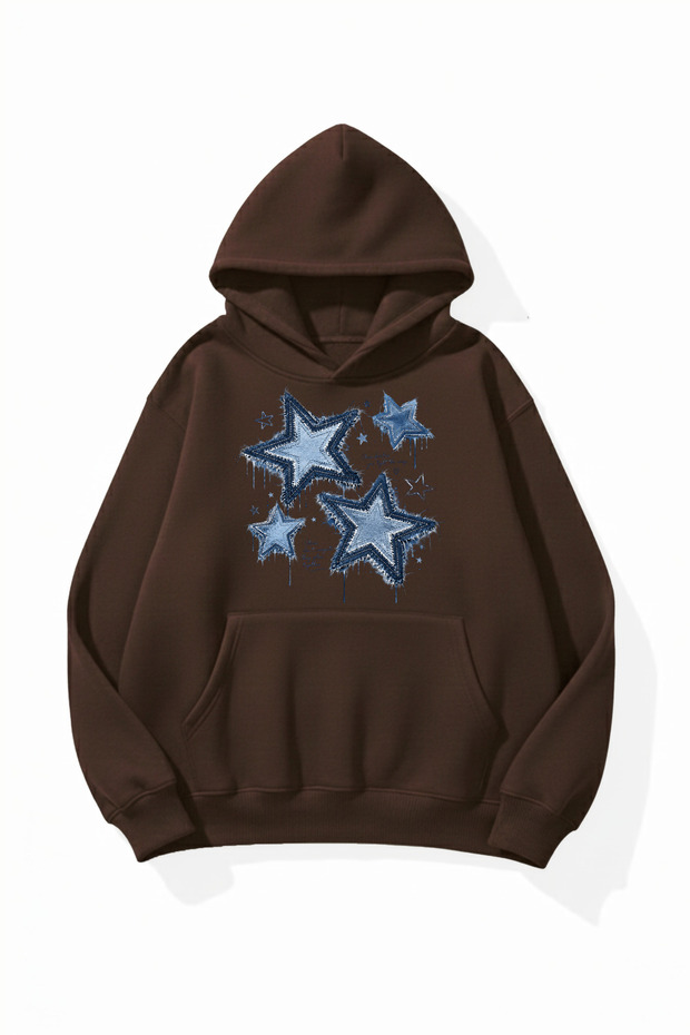 Unisex Soft Textured Denim Stars Printed Design Oversize 3 Thread Hoodie Sweatshirt