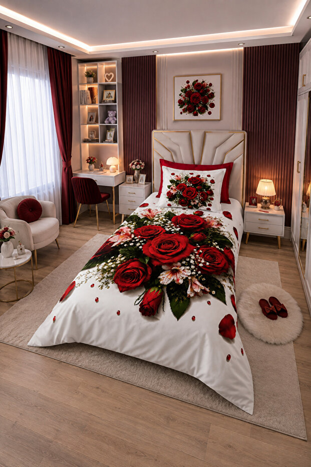 Gül Sultani 5D Digital Printed Cotton Single Duvet Cover Set 4 Pieces