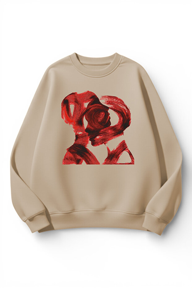 Unisex Soft Textured Two People Passion Printed Design Oversize 3 Thread Crew Neck Sweatshirt