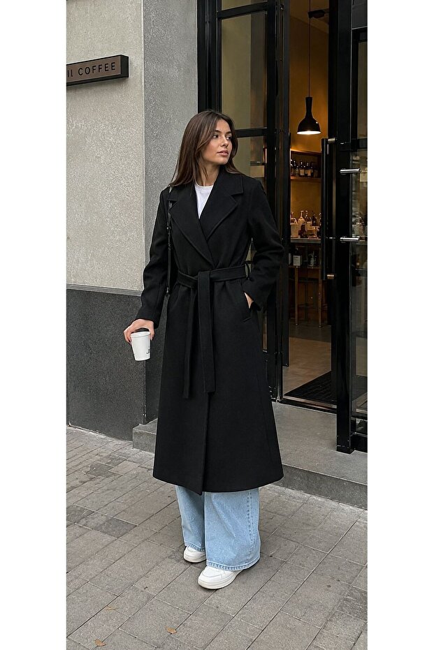 Long Cashmere Coat with Belt, Lined, Stylish Premium Winter Coat