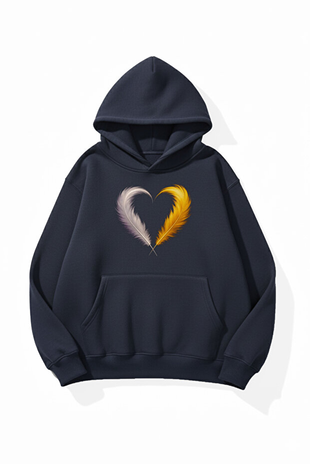 Unisex Soft Textured Feather Heart Printed Design Oversize 3 Thread Hoodie Sweatshirt