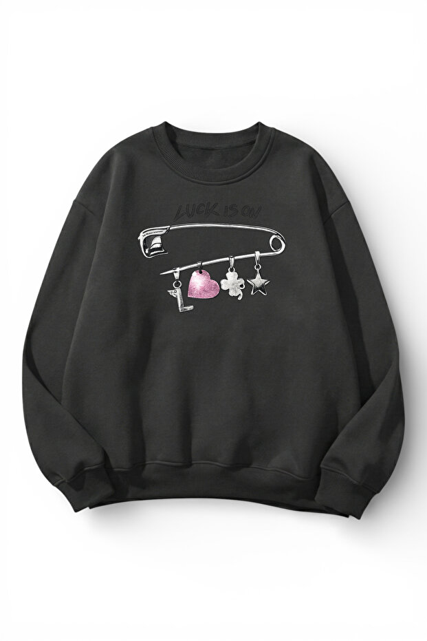 Unisex Soft Textured Luck Printed Design Oversize 3 Thread Crew Neck Sweatshirt