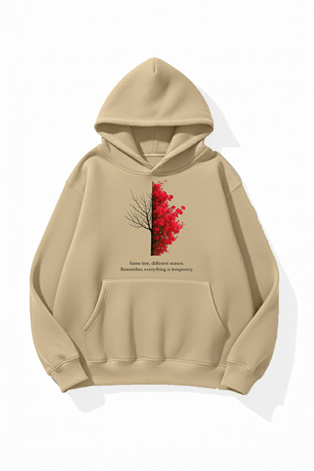 Unisex Soft Textured Red Tree Printed Design Oversize 3 Thread Hoodie Sweatshirt