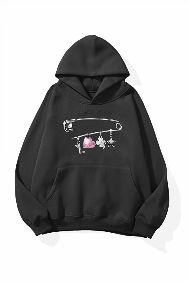 Unisex Soft Textured Luck Printed Design Oversize 3 Thread Hoodie Sweatshirt