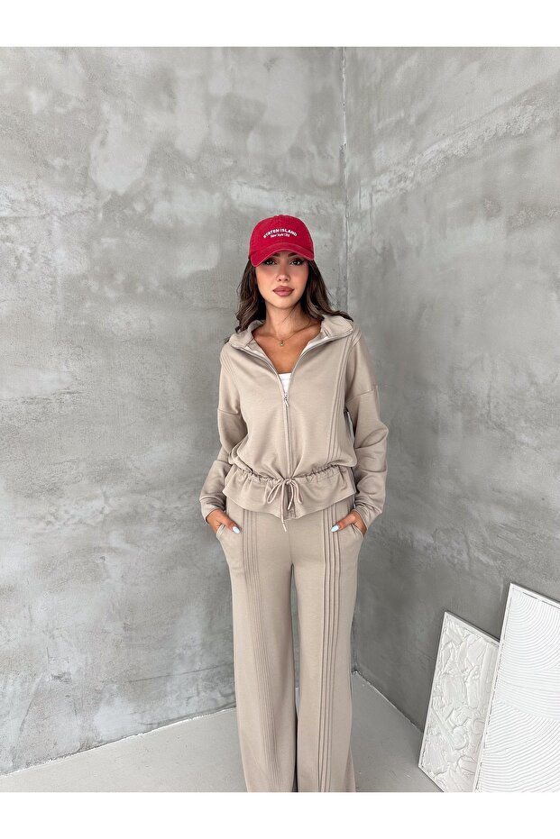 Modal Fabric Ribbed Drawstring Detailed Zippered Set