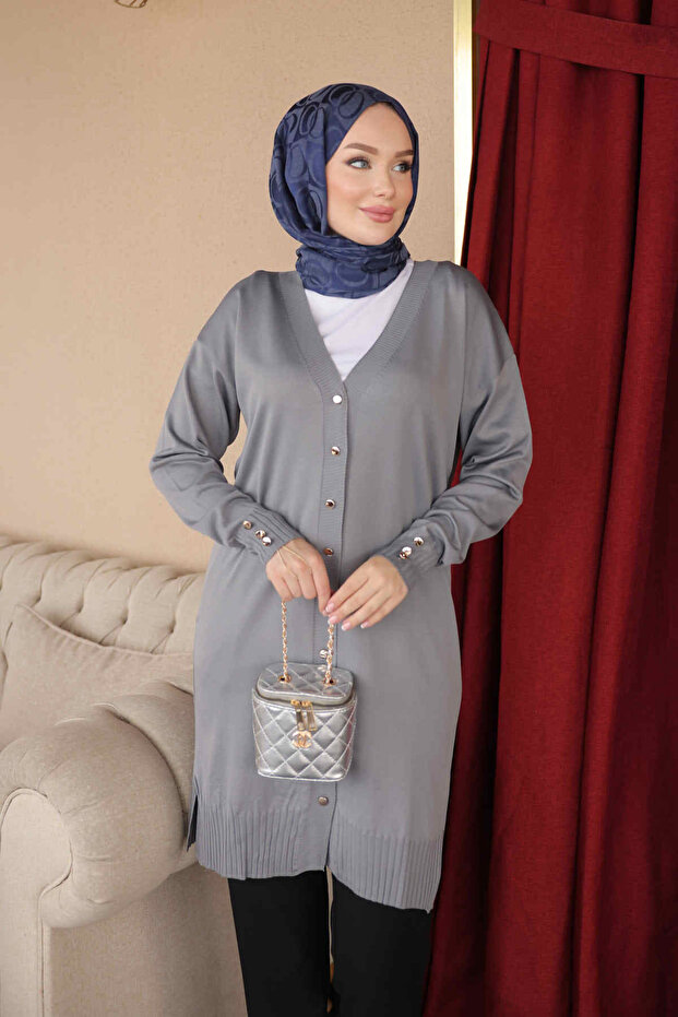 Gray Buttoned Cold Thread Knitwear Cardigan