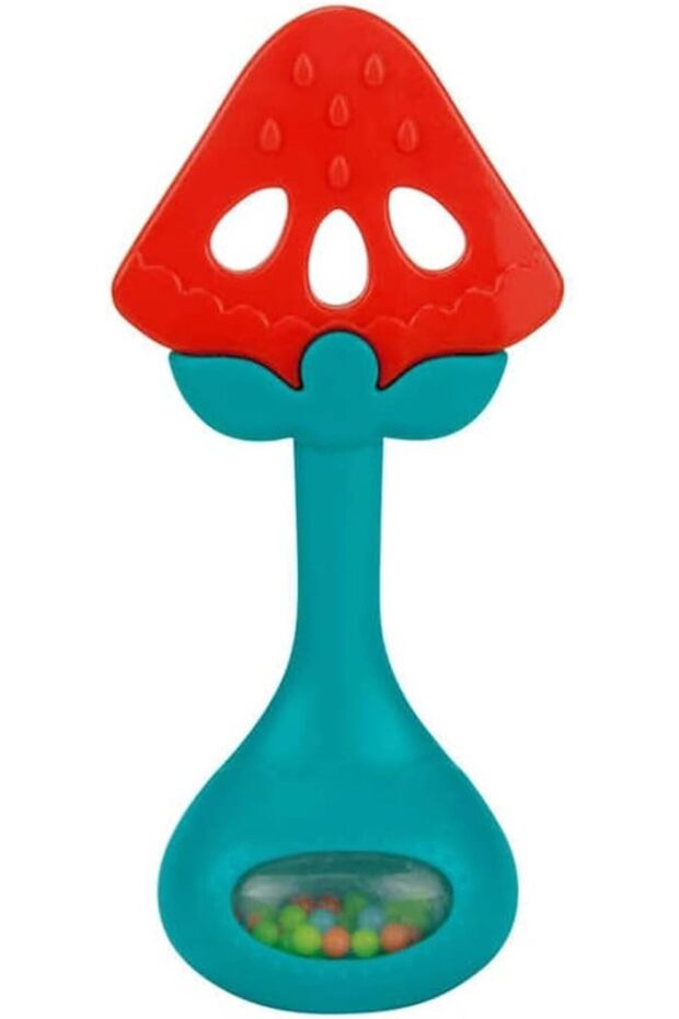 Strawberry Silicone Baby Teether Rattle, BPA-Free, Red/Teal, 0 Months+, Model HE0154