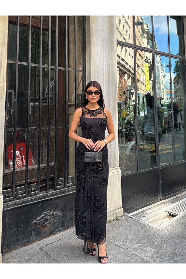Women's Sequined Floral Patterned Long Dress