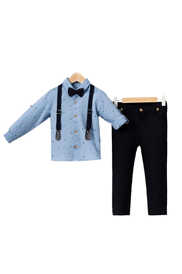 Boy's Blue Navy Blue Trousers, Dot Denim Shirt, Bow Tie, Long Sleeve 3-Piece Set