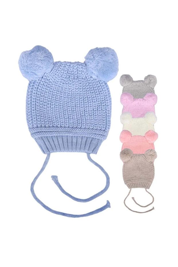 Baby Boy Blue Pompom Drawstring Knitwear Beanie 0-6 Months