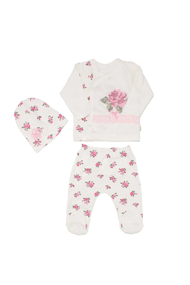 Baby Girl White Rose Cross-Stitch Embroidered 3-Piece Pajama Set 0-3 Months