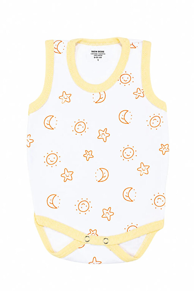 Unisex 100% Organic Cotton White and Yellow Ribbed Bodysuit with Moon, Star and Sun Pattern