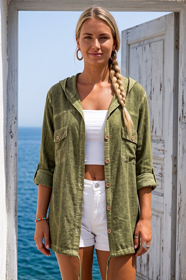 Green Hooded Long Sleeve Buttoned Pocketed Slim Washed Hem Tie Casual Woven Jacket 74 55