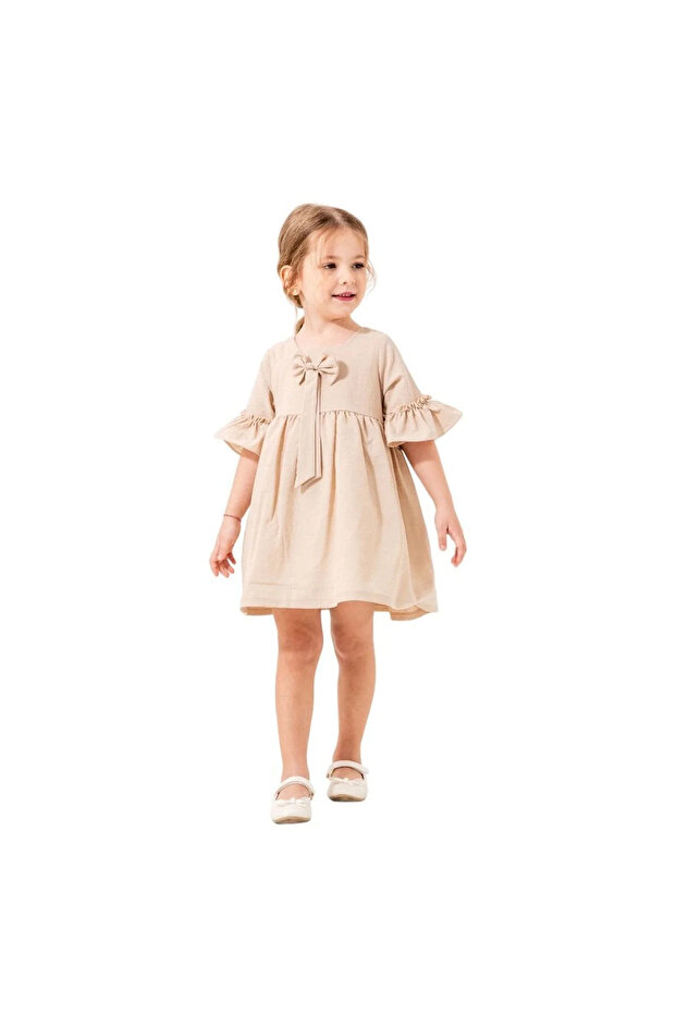 Girl's Beige Bow Sleeve Ruffle Dress