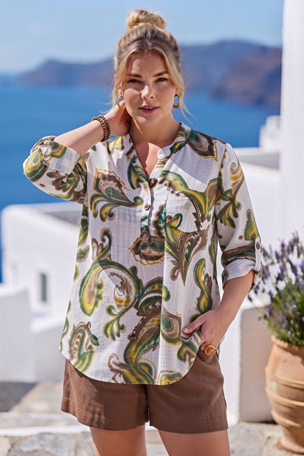 Italian White-Green Judge Collar Long Sleeve Shawl Patterned Single Pocket Linen Look Woven Blouse 75 62