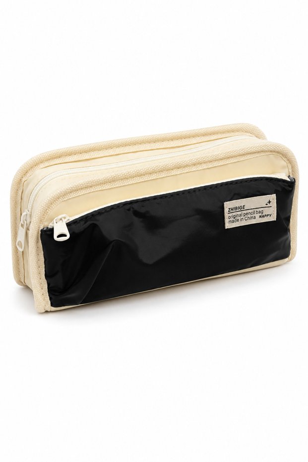 Kawaii Cream Black Color Multi-Compartment Pencil Case – Large Capacity Zippered Organizer Pen Holder