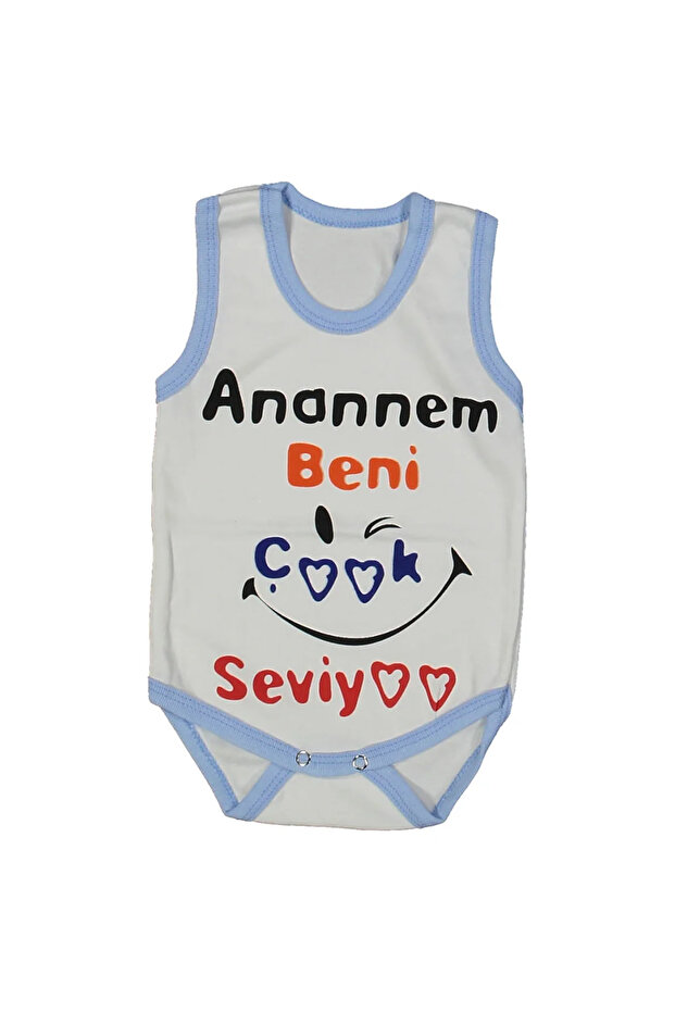 Unisex white blue trimmed "my mommy loves me" printed bodysuit