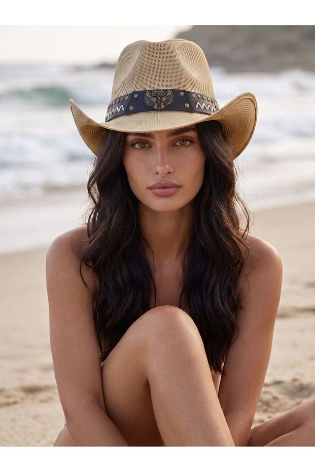 Unisex Buckle Detailed Straw Cowboy Hat Fedora Hat