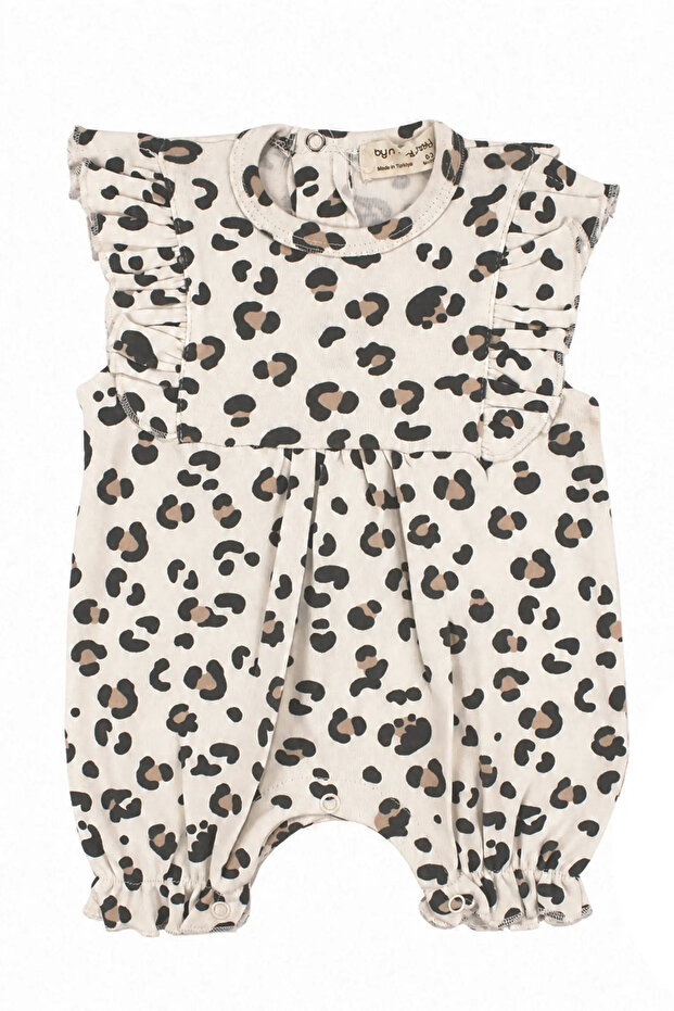 Baby Girl Ecru Leopard Patterned Ruffle Short Jumpsuit 0-3 Months
