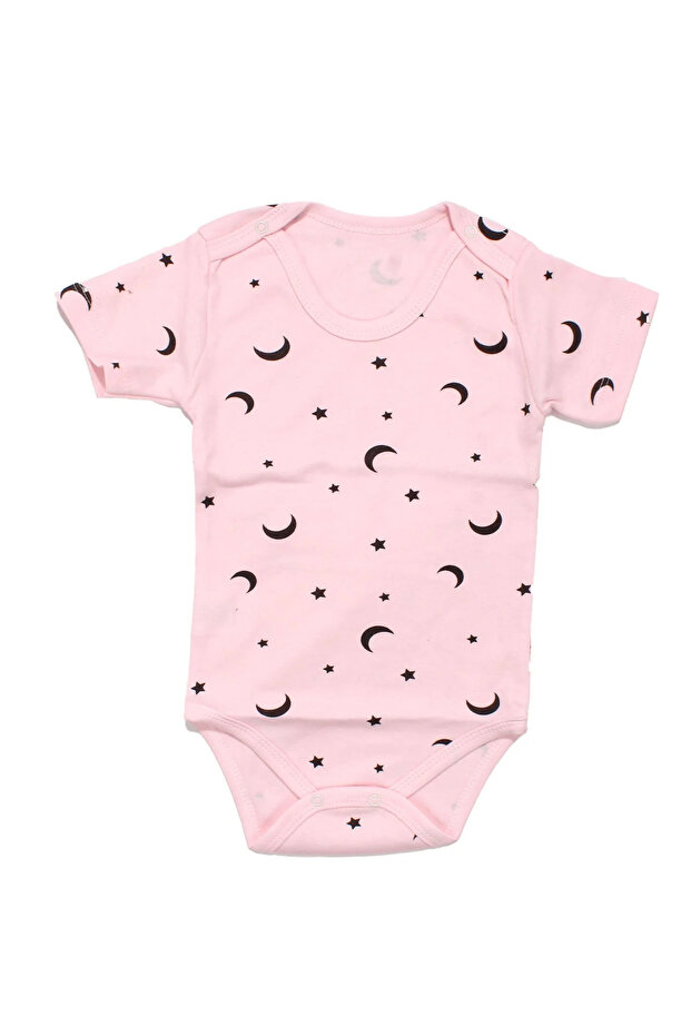 Unisex Pink Black Star and Moon Patterned Short Sleeve Bodysuit