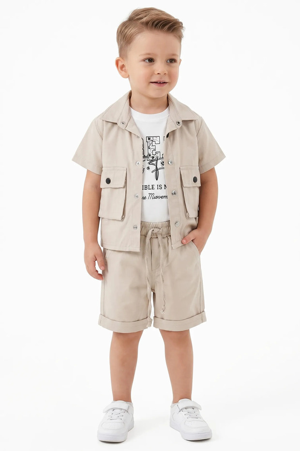 Boy's Beige Pocketed Jacket and Shorts 3-Piece Set