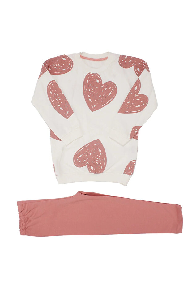 Girl's Ecru Dusty Rose Heart Printed Set of 2