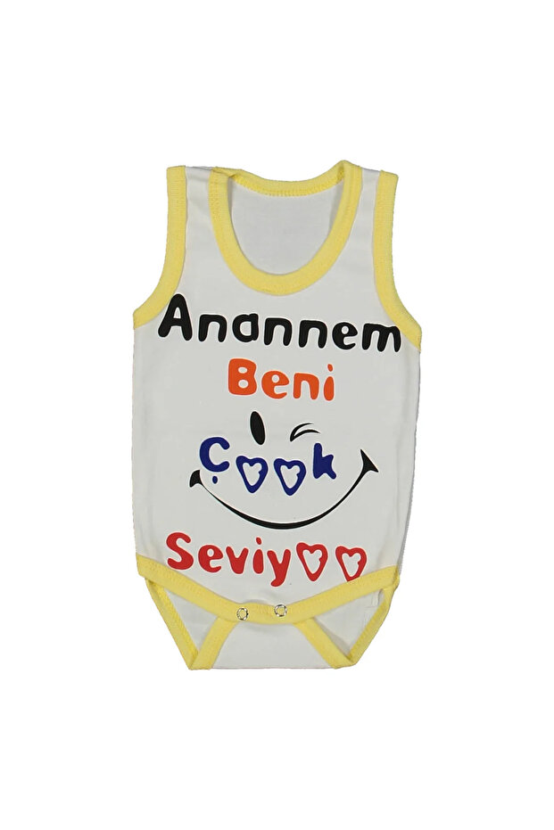 Unisex White Yellow Piped Bodysuit with the Text'My Grandmother Loves Me' Printed on It