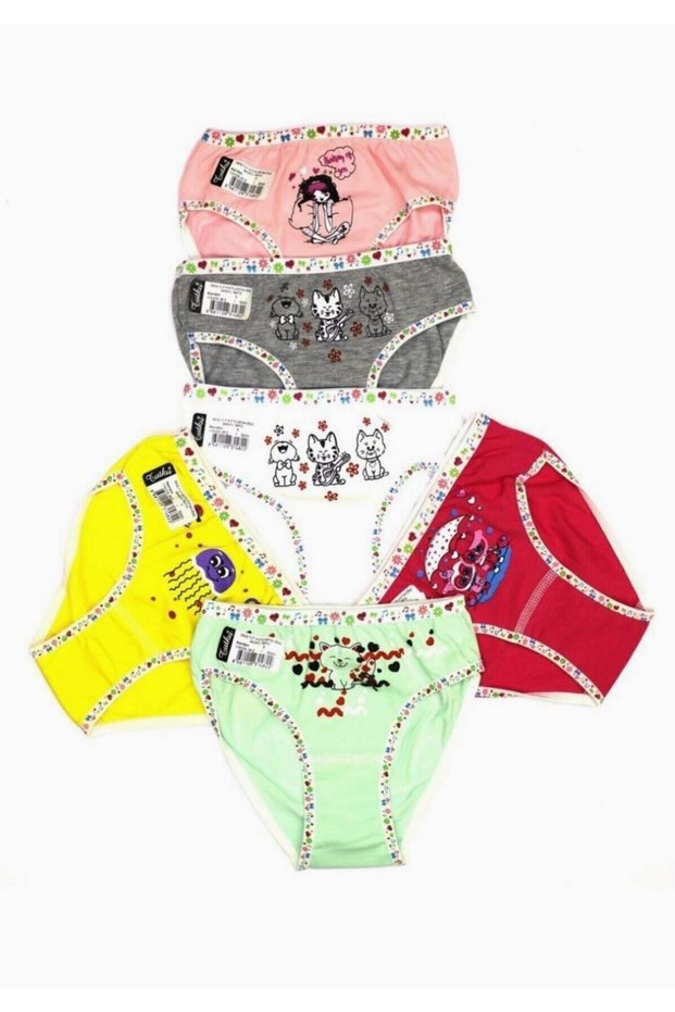 Tutku-Girl's Multi-Colored Elastane Front Printed Panties, Pack of 6. New Season