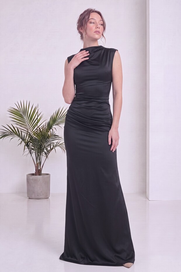 Women's Backless High Neck Drape Detailed Long Satin Dress Brown, Black