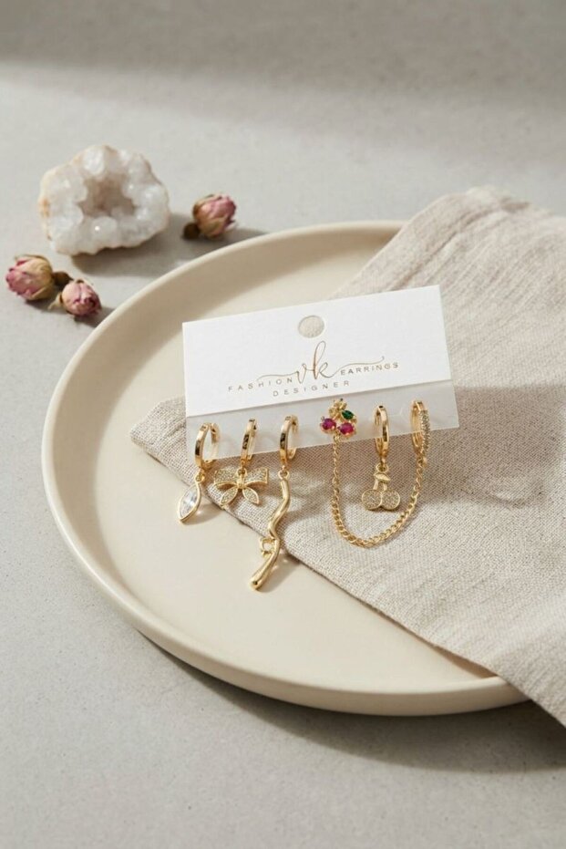 Gold Color Brass Zircon Stone Cherry Detailed 6-Piece Earring Set Combination