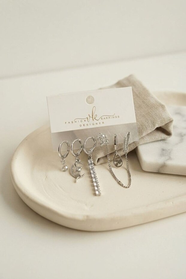 Silver Color Brass Zircon Stone 6-Piece Earring Set Combination