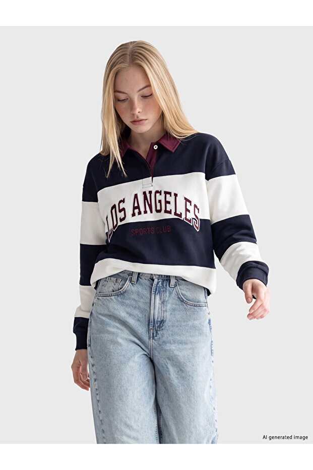 Navy Blue Polo Collar Embroidered Oversize Women's Sweatshirt