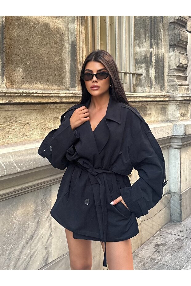 Women's Double Buttoned Oversized Short Trench Coat with Tie Detail