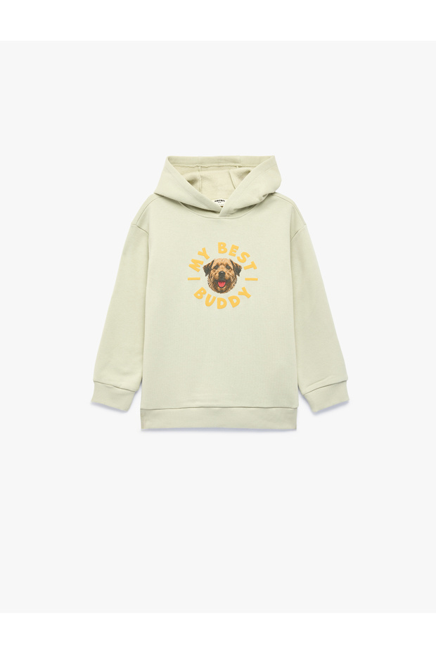 Dog Detailed Front and Back Printed Embossed Long Sleeve Oversize Hooded Sweatshirt