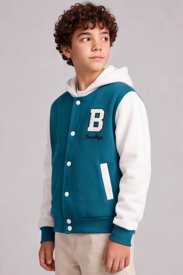 Boys' College Jacket Hooded Buttoned Printed Bomber Jacket