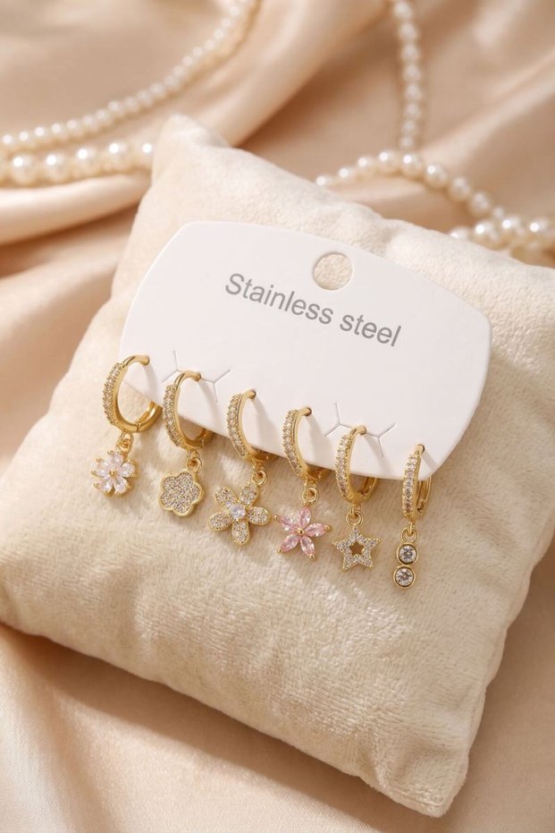 316L Steel Gold Color Lotus Detailed Women's Earring Set