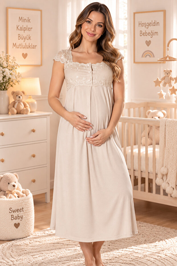 Breastfeeding-Enabled Cotton Maternity Nightgown Effortt