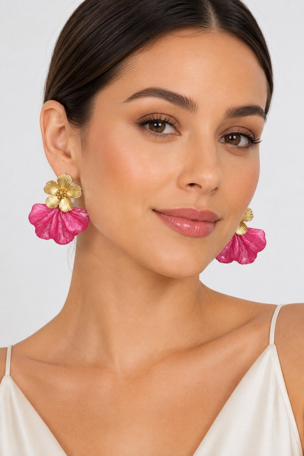 Pink Flower Detailed Gold Color Zarax Model Women's Earrings – Large Dangling Flower Design Earrings
