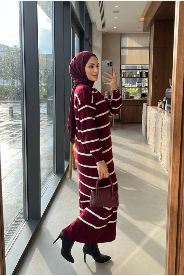 Women's Striped High-Neck Long Knit Dress – Hijab Maxi Winter Dress