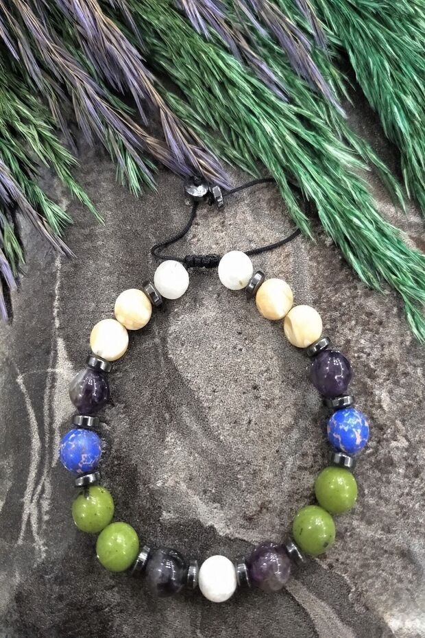 Certified Pisces Natural Stone Bracelet: Moonstone, Amethyst, Jade, Varasite, Hematite