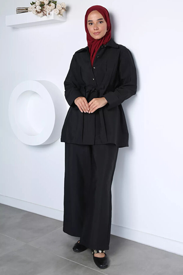 Black Elastic Waist Trousers Tunic Hijab Double Set