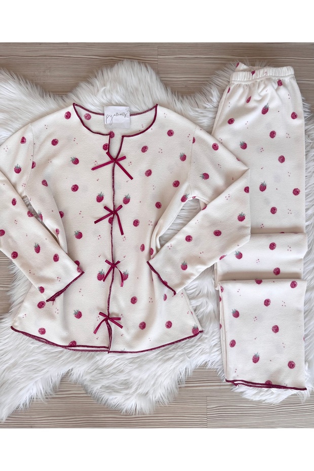 Raspberry Patterned Bow Detailed Soft Winter Waffle Knitted Pajama Set
