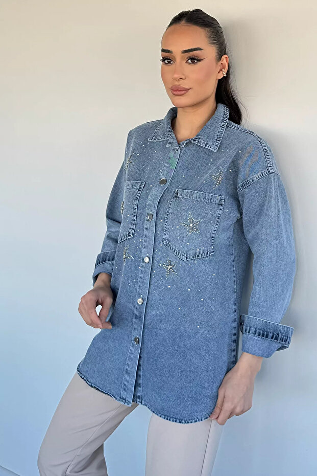 Ice Blue Double Pocket Stoned Denim Jean Jacket
