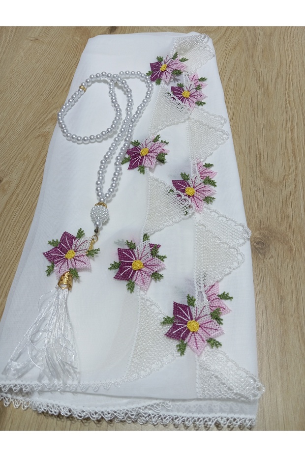 Needle-Embroidered White Color Prayer Mat with Prayer Beads