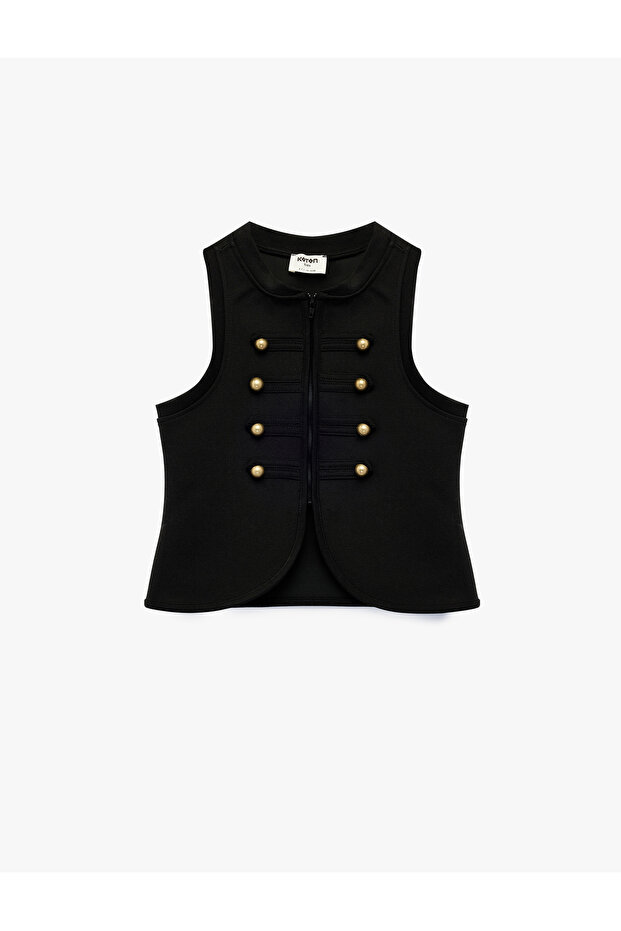 Pocket Detailed Napoleon Buttoned Viscose Blend Sleeveless Crew Neck Blouse