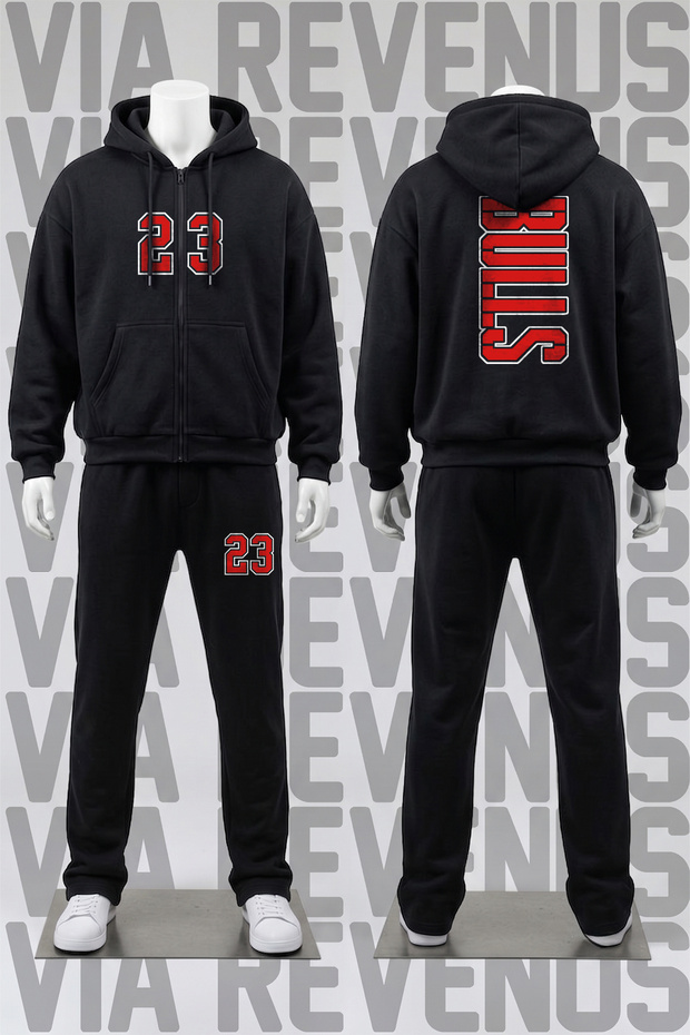 Bulls Printed Zipper Hooded Tracksuit Set - Relaxed Fit 3-Thread Zipper Sweatshirt and Sweatpants Set