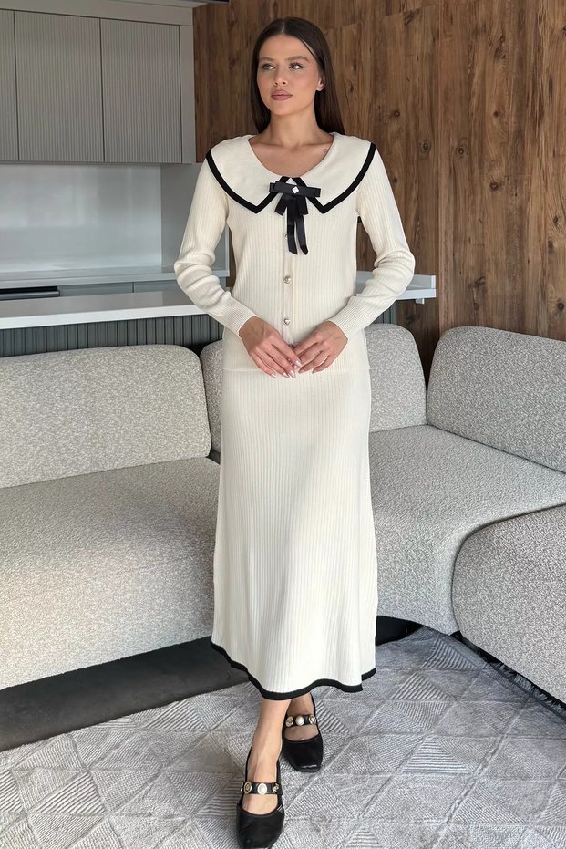 Cream Baby Collar Cardigan Look Blouse Skirt Knitwear Two-Piece Set