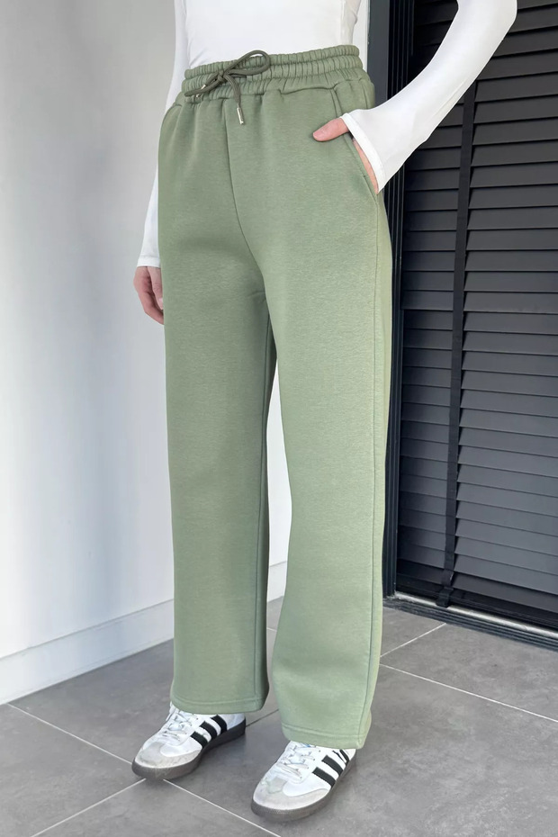 Light Khaki Women's Waist Lace-Up Three Thread Ribbed Wide Leg Palazzo Bottom Tracksuit