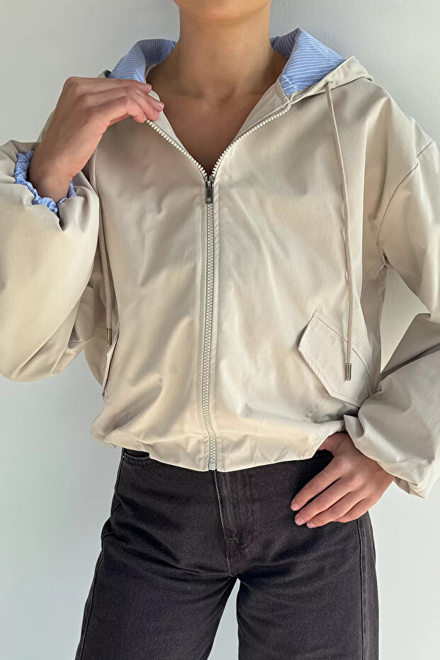 Stone Women's Hooded Elastic Waist Double Pocket Transitional Coat
