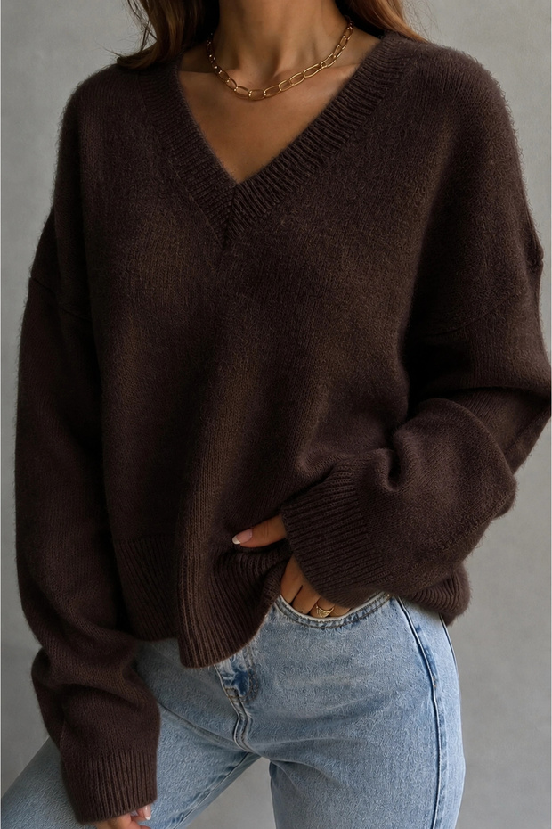 Women's Brown Cotton Soft Texture V-Neck Oversize Knitwear Sweater